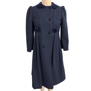 Vintage Girls Young Gallery Wool Coat With Velvet Trim Navy Blue Double-Breasted